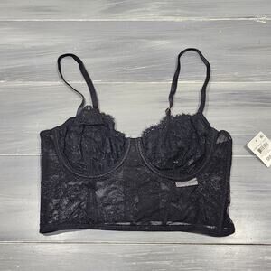 INC Lace Bustier Longline Bra Lingerie‎ Sheer Deep Black Lace Small